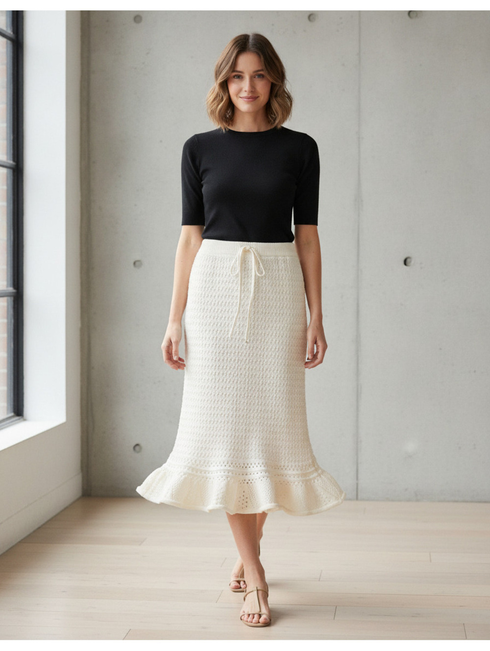 Madden NYC Cream Crochet Knit Midi Skirt with Ruffle Hem Size large